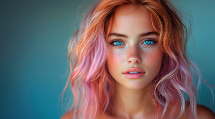 a realistically beautiful girl of European nationality with colored, beautifully styled hair