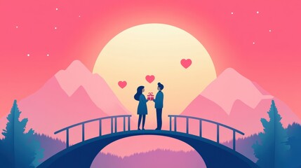 Naklejka premium Romantic couple on a bridge with a sunset background and hearts in a dreamy landscape illustration