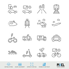 City transport related vector line icon set isolated on white. Pixel perfect design. Editable stroke. Adjust line weight. Expand to any size. Change to any color.