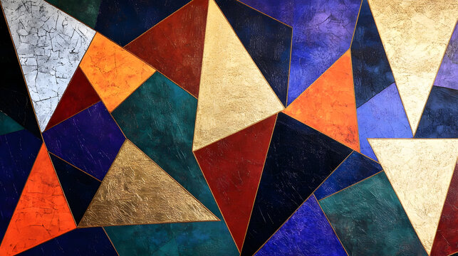 A vibrant mosaic of overlapping triangles and rectangles in bold primary colors, accented with textured gold and silver highlights for a dynamic visual impact 