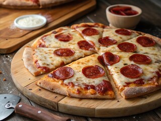 pepperoni pizza on wooden board