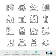 Modern and ancient architecture, buildings related vector line icon set isolated on white. Pixel perfect design. Editable stroke. Adjust line weight. Expand to any size. Change to any color.