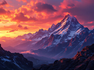 Majestic Sunset Over Snow-Capped Mountains With Vibrant Clouds Illuminating the Sky During Twilight in a Remote Wilderness Setting
