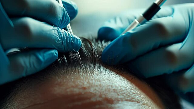 Watch as skilled professionals perform a hair implantation procedure to effectively treat baldness. This process offers a natural recovery and is performed in a specialized clinic setting.