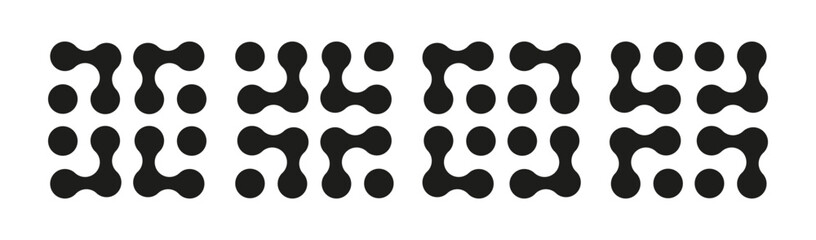Metaball icons set. Connected dots graphic signs. Circles simple patterns. Integration abstract modern symbols. Point movement layout. Connected blobs mockup. Metaballs transition. Flat logotypes.