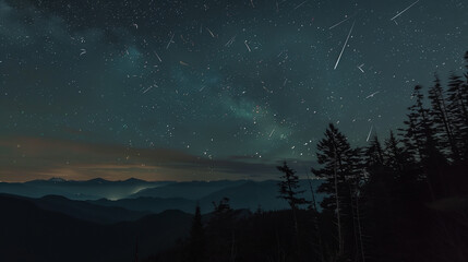 Fototapeta premium Meteors lighting up the midnight sky, with their trails illuminating a peaceful, forested mountain range.