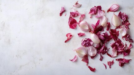 Whole and peeled red onions with papery skins scattered casually across a white surface.