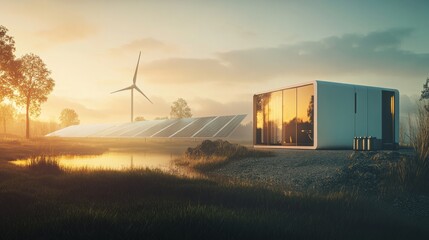A modern home designed for sustainability is set against a serene landscape featuring a wind turbine and solar panels. The sunset casts a warm glow over the scene