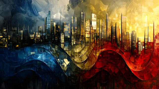 An abstract city skyline depicted with jagged lines and bold colors like red, blue, and gold, set against a swirling, textured sky for a dynamic and urban aesthetic 