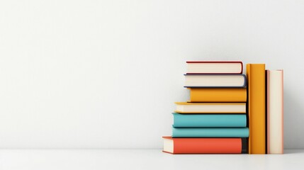 Colorful books stacked against a white wall. (1)
