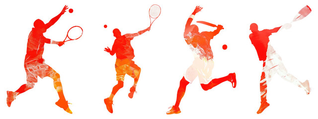 Dynamic tennis player silhouettes artwork, PNG element set on transparent background