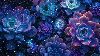 Obraz premium Galaxy-inspired succulent garden, rosettes with cosmic gradients of purple, blue, and starry speckles
