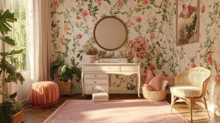 A sweet room with a floral wallpaper, a vintage vanity, and a soft pink rug for cozy moments. 