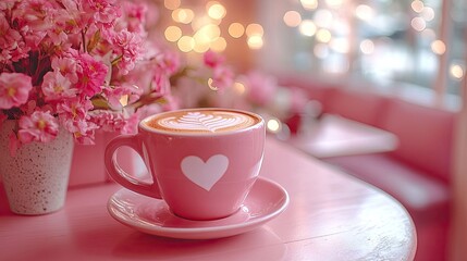 Heart-Shaped Latte Art on Coffee Cups with Soft Pink and Cream Background