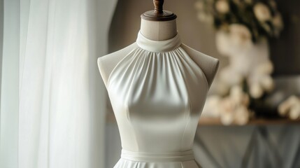 Elegant White Satin Wedding Dress on Mannequin Display