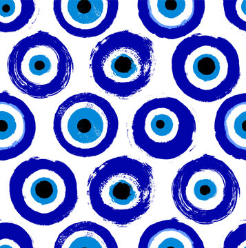 Turkish evil eye seamless pattern grunge hand drawn. Mandala greek evil eye. Symbol of protection in Greece, Cyprus. Amulet from evil eye. Vector blue Turkish fatima's eye. Magic item, attribute.
