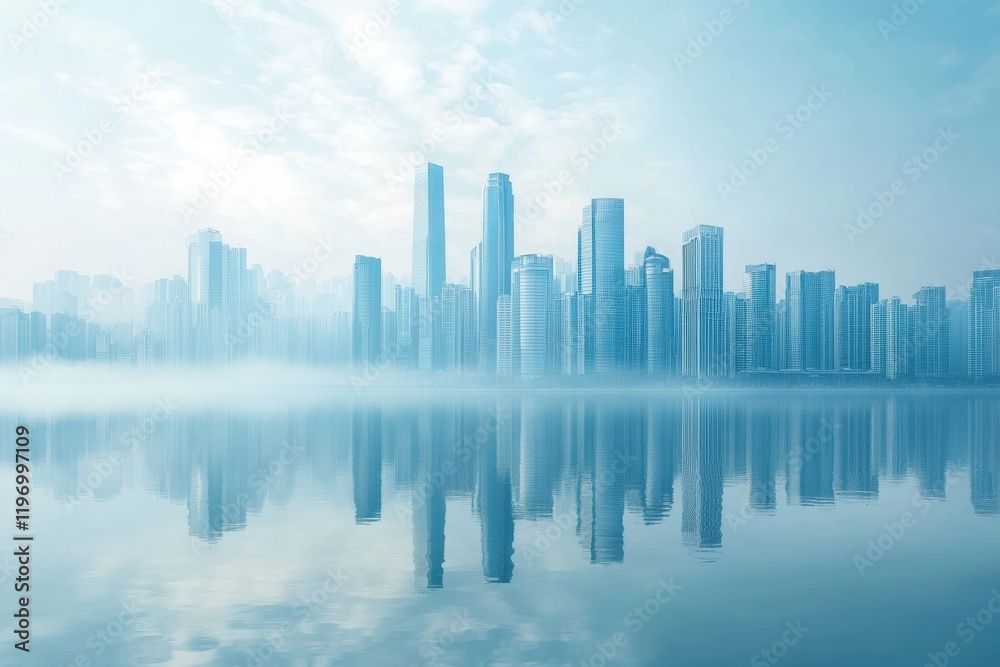 Fototapete urban skyline reflected in calm water showcasing a serene atmosphere with ample copy space for text.