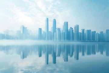 Fototapeta premium Urban skyline reflected in calm water showcasing a serene atmosphere with ample copy space for text. Generative AI