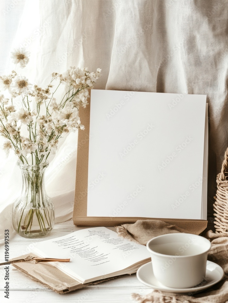 Aufkleber creative workspace with empty frame, flowers, and cup for artistic text. generative ai