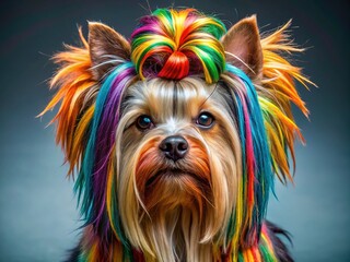 Naklejka premium Adorable Yorkshire Terrier with Funky Dreadlocks - Macro Dog Grooming Stock Photo