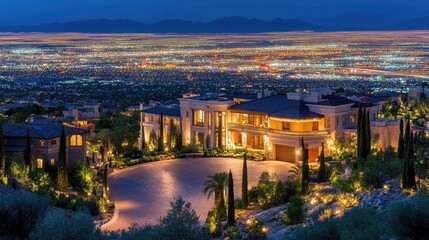 Luxury Mansion with Panoramic City Lights at Night