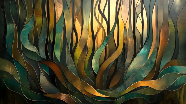 An abstract forest scene with flowing lines in shades of green, brown, and gold, evoking the feeling of dense foliage and sunlight filtering through the trees 
