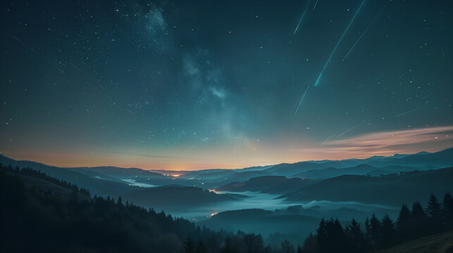 Meteors lighting up the midnight sky, with their trails illuminating a peaceful, forested mountain range.