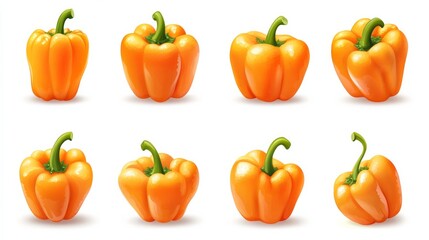 Orange bell peppers arranged neatly on a white background.
