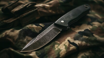 Tactical Fixed Blade Knife on Camouflage Fabric