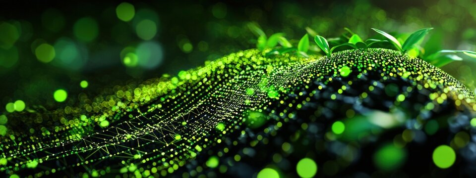 Vibrant green abstract landscape with glowing dots and small plants symbolizing growth and technology integration