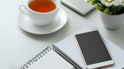 A clean and bright desk setup featuring a smartphone, a notebook and a cup of tea