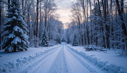 Obraz premium Cleared road through snow-covered forest, winter scenery with trees and peaceful atmosphere, copy space 