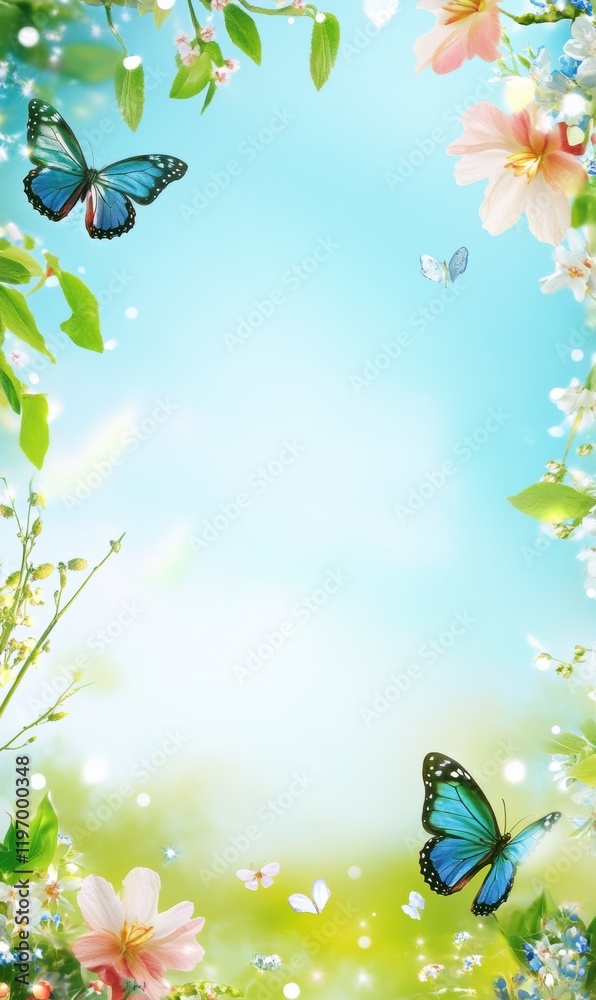Leinwandbilder Create an inviting space for text filled with colorful butterflies and blooming flowers against a soft blue backdrop. Generative AI