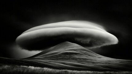 Monochrome landscape of a lenticular cloud hovering over a hill.