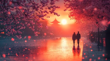 Fototapeta premium A romantic sunset scene with cherry blossoms silhouetted against an orange and pink sky