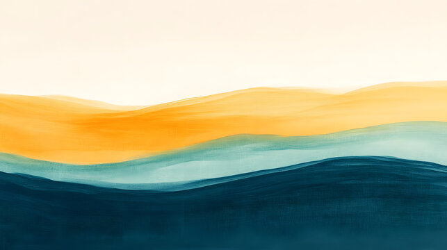 An abstract horizon line with bold, layered brushstrokes in warm tones of orange and yellow, transitioning into cool blues and greens to create a sense of balance 