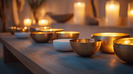 Luxurious spa experience with a focus on sound therapy, featuring crystal singing bowls and soft ambient lighting for ultimate relaxation