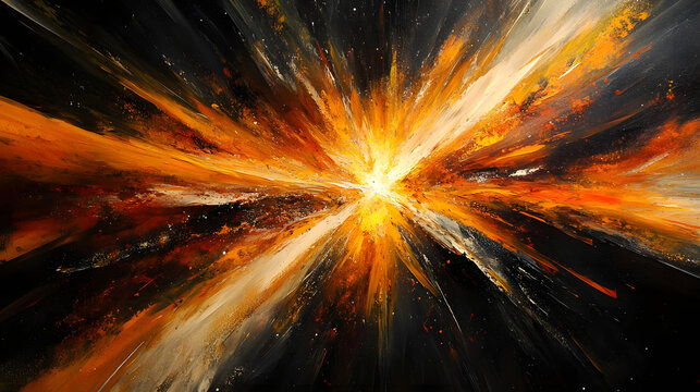 An abstract interpretation of a solar flare with radiant streaks of orange, yellow, and white, layered over a textured black background to create an intense, glowing effect 