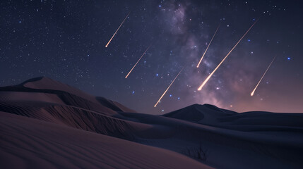 Meteors lighting up the night sky above a quiet desert, with sand dunes softly glowing under their light.