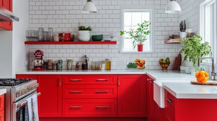 Fototapeta premium A vibrant kitchen with bold red cabinetry, white subway tiles, and colorful kitchen accessories for a lively feel.
