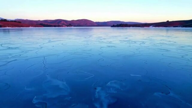 Frozen Lake at Dawn 4K HD Video. The stillness of a frozen lake with the first sight of day breaking trough.