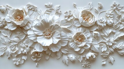 Exquisite 3D White Floral Relief Wall Art Featuring Stunning Flower Design with Detailed Petals and Intricate Leaf Patterns for Home Decor