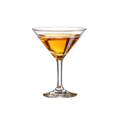 Elegant martini glass filled with amber liquid, showcasing classic cocktail. glass features sleek design, Isolated on white background