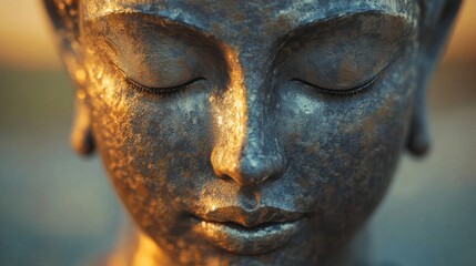 Serene Buddha Statue with Eyes Closed in Soft Golden Light