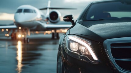 A sleek black car stands in the foreground, showcasing its modern design as a private jet is visible in the background against a moody sky. Rain reflects the surroundings