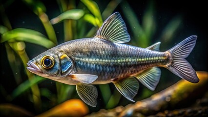 Fototapeta premium Close-up Night Photography of Monodactyl Silver Fish (Monodactylus argenteus)