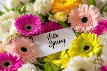 Bright and Colorful Spring Flower Bouquet with a Greeting Card Saying Hello Spring, Perfect for Celebrating the Arrival of the Season and Creating a Fresh Atmosphere