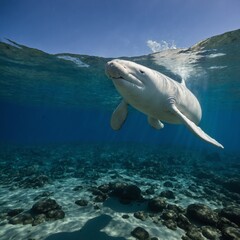 Naklejka premium A Beluga whale frolicking under a clear, azure sky.