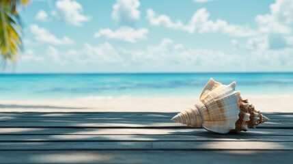 Obraz premium A large seashell rests on a wooden deck under warm sunlight. In the background, the azure ocean stretches out beneath a bright sky filled with puffy clouds, creating a serene coastal atmosphere