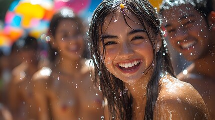 Obraz premium A group of people laughing as they splash water on each other during Songkran in a vibrant setting